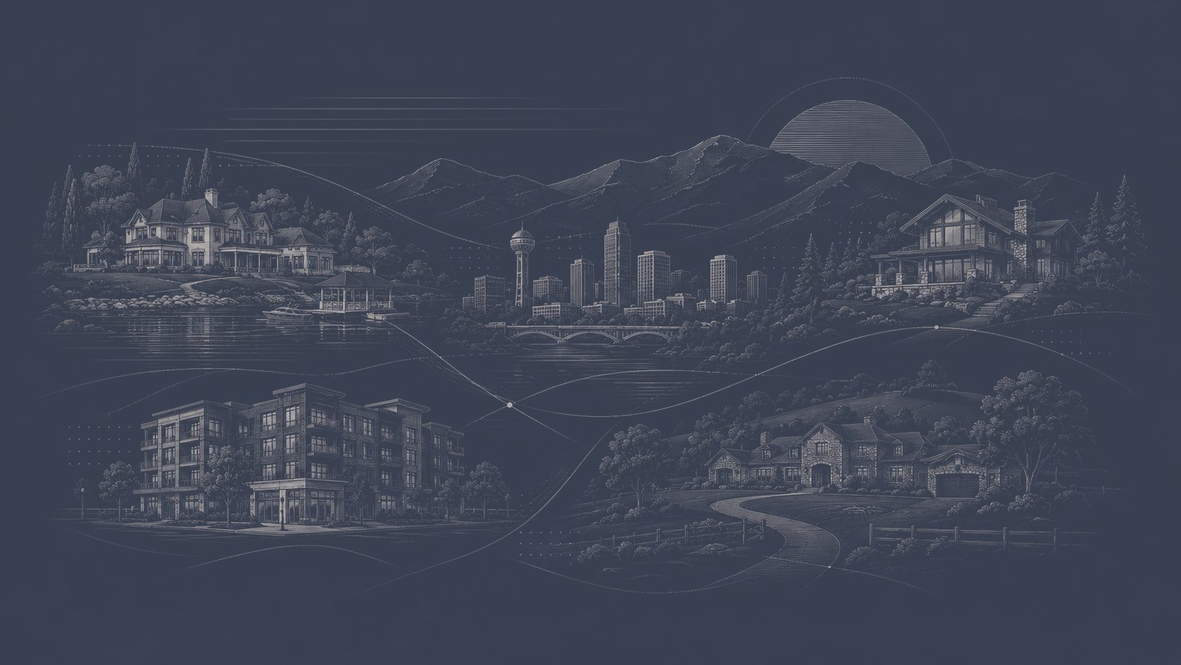 Illustrated lakefront estate, downtown residence, mountain retreat, and private acreage home representing luxury property choices.