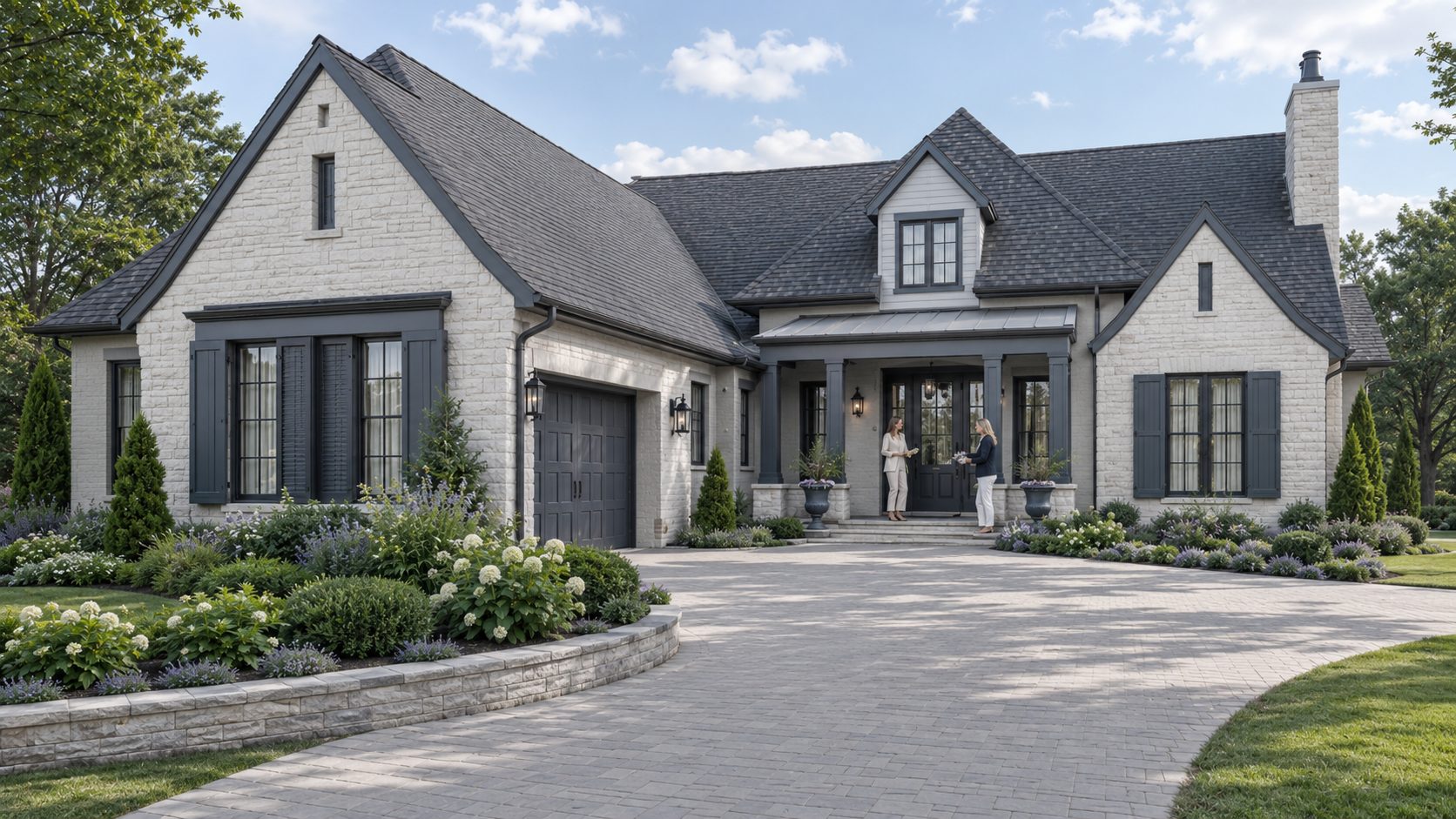 Traditional East Tennessee luxury estate with blue-gray exterior details, mature landscaping, and two professionals reviewing the property presentation.
