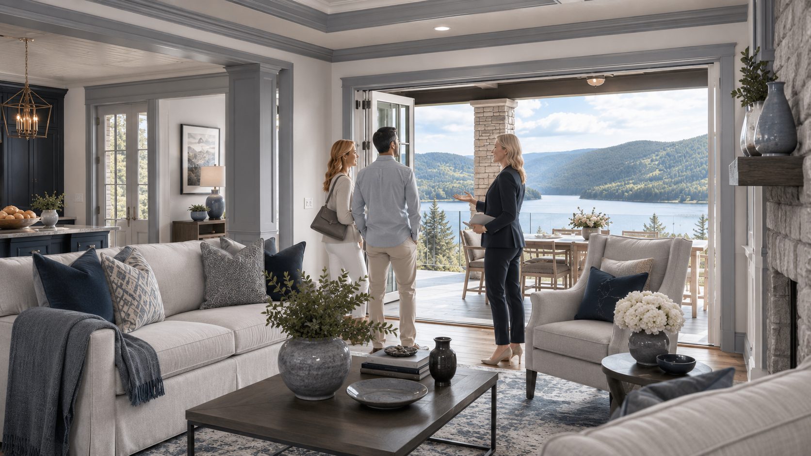 Luxury buyers touring a bright lakefront home with an agent amid blue-gray furnishings and East Tennessee mountain views.