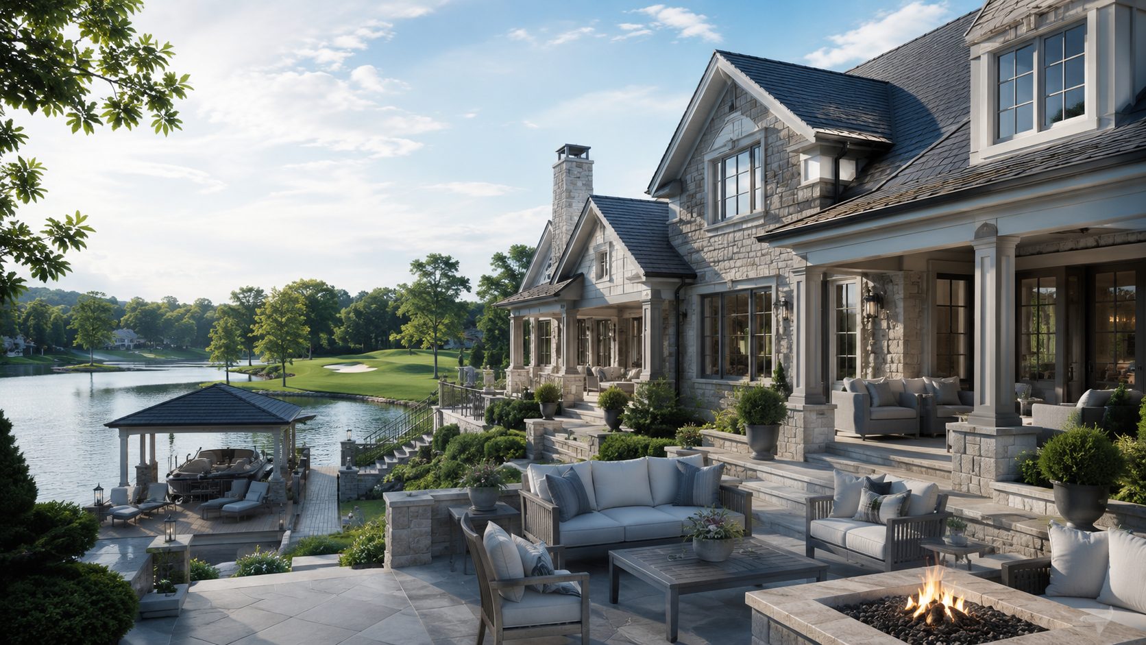 Luxury Tellico Lake home with blue-gray furnishings, stone terraces, private dock, boat access, and golf course views.