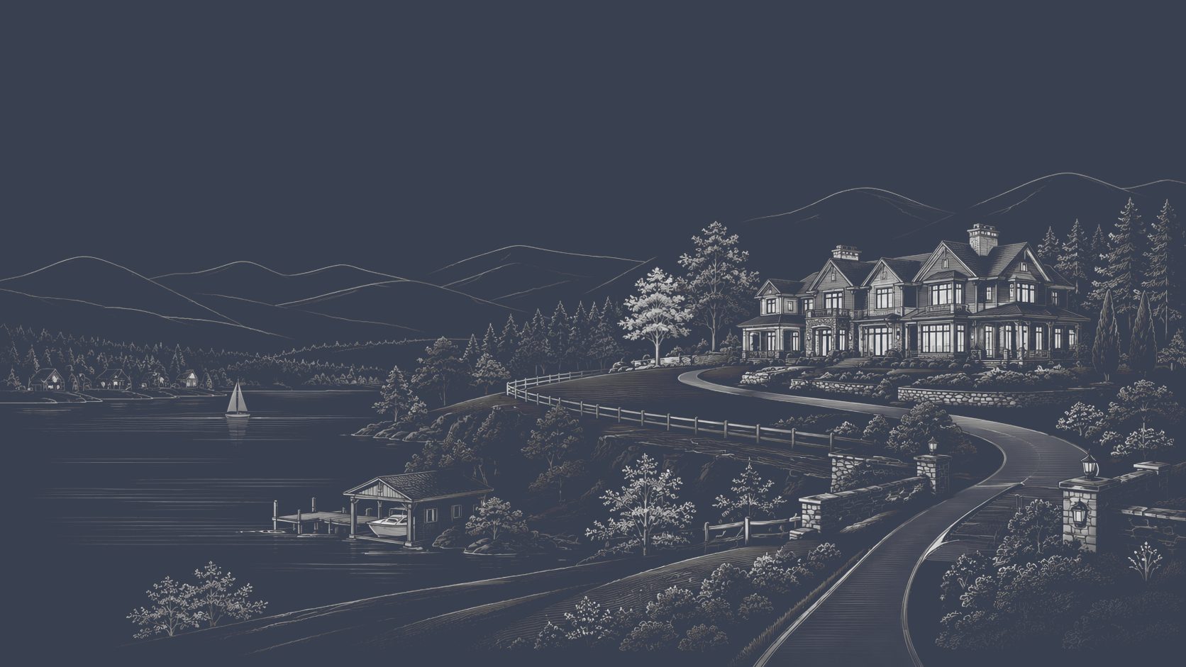 Luxury lakefront estate with mountain views, private water access, acreage, and a landscaped drive in East Tennessee.