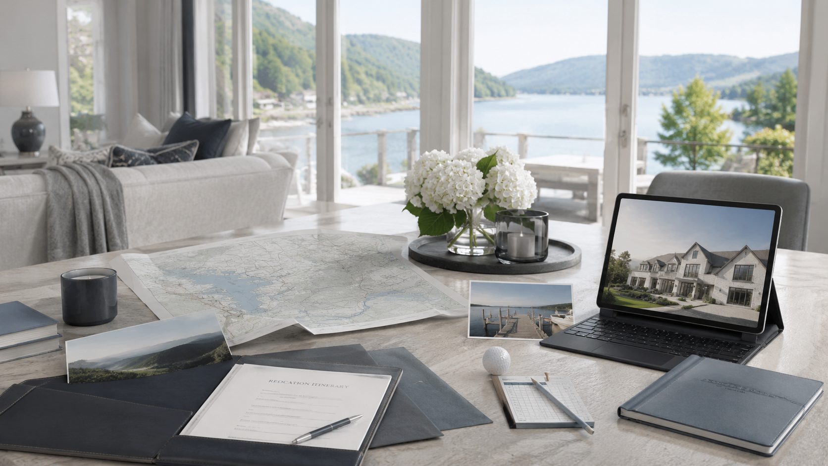 Luxury buyer research workspace with regional map, property listings, lifestyle materials, and bright East Tennessee lake views.