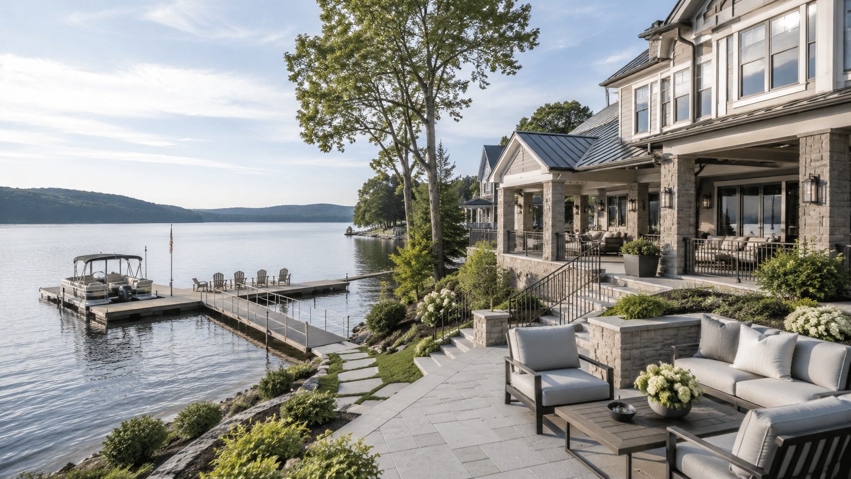 Bright East Tennessee lakefront luxury home with private dock, boat, stone terraces, and blue-gray outdoor furnishings.