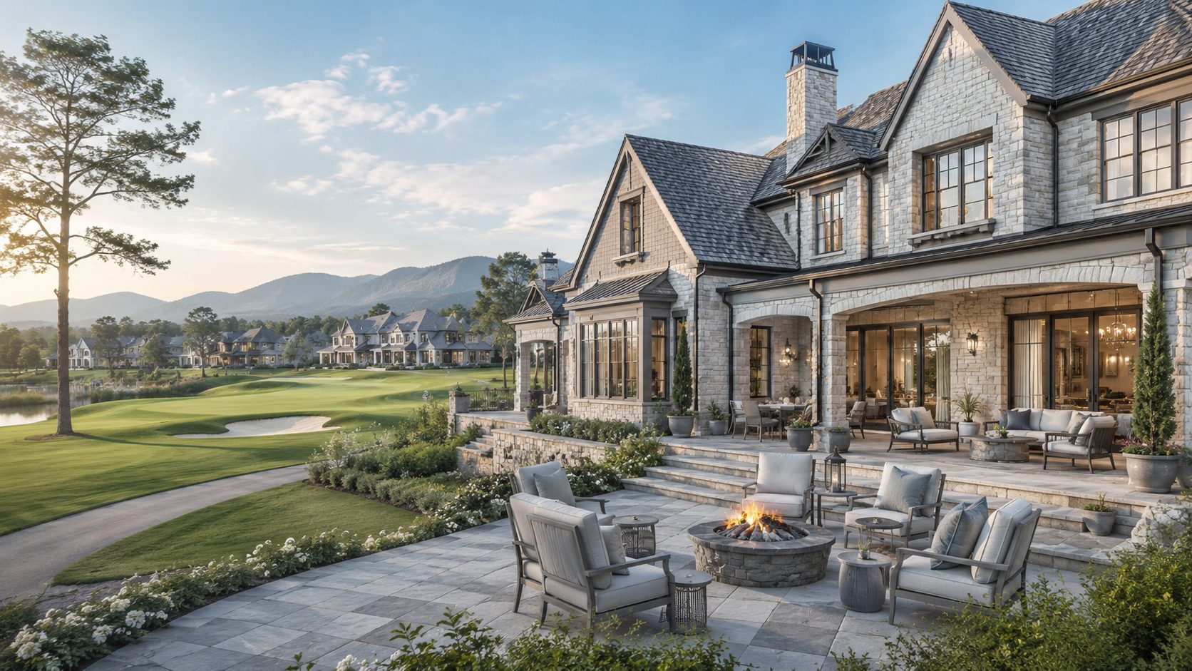 Luxury golf community residence with stone terrace, blue-gray furnishings, manicured fairways, and mountain views.