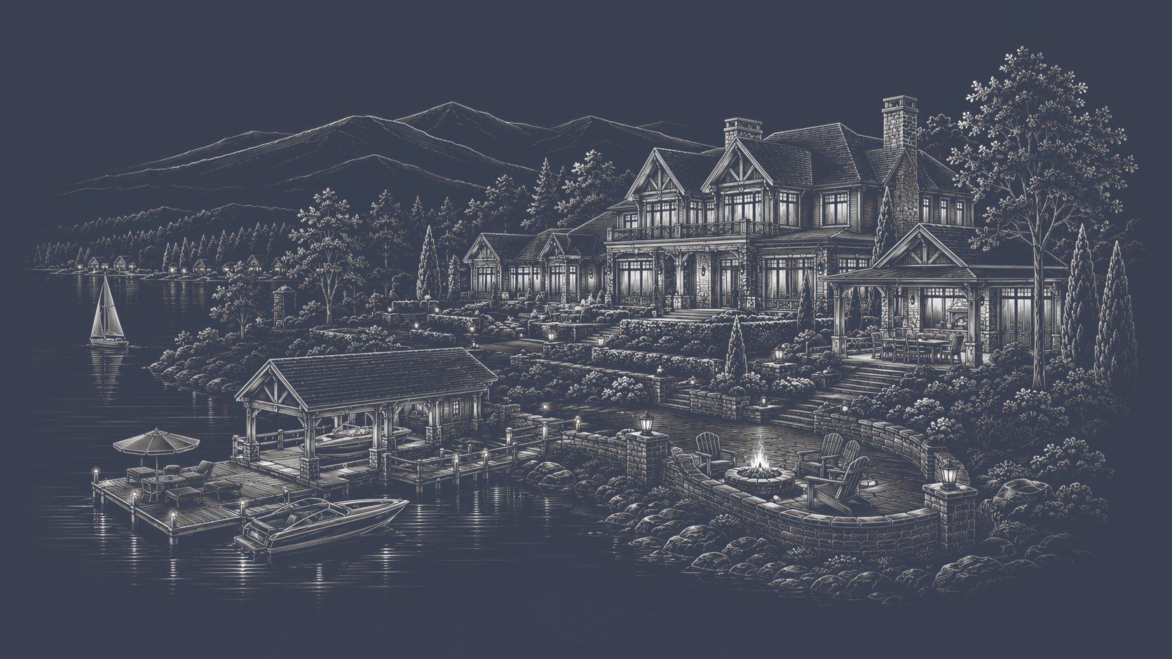 Luxury East Tennessee lakefront estate with private dock, boats, outdoor living areas, mountain views, and landscaped waterfront grounds.
