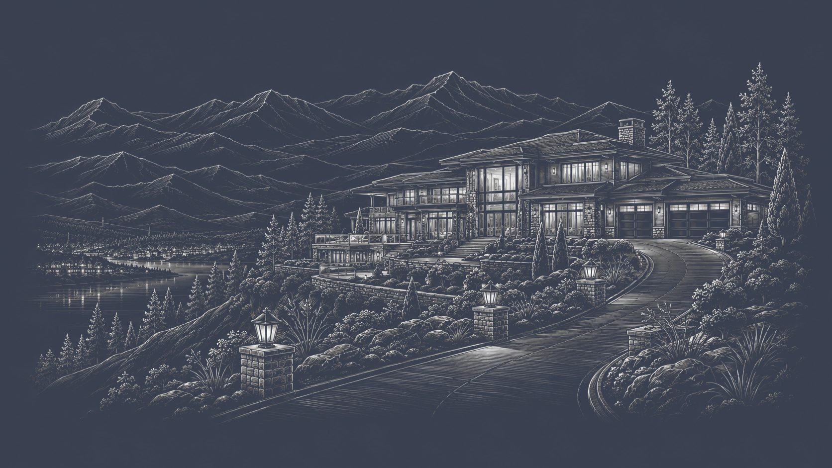 Luxury mountain home overlooking a lake and valley with long-range views, elevated terrain, and a landscaped private drive.