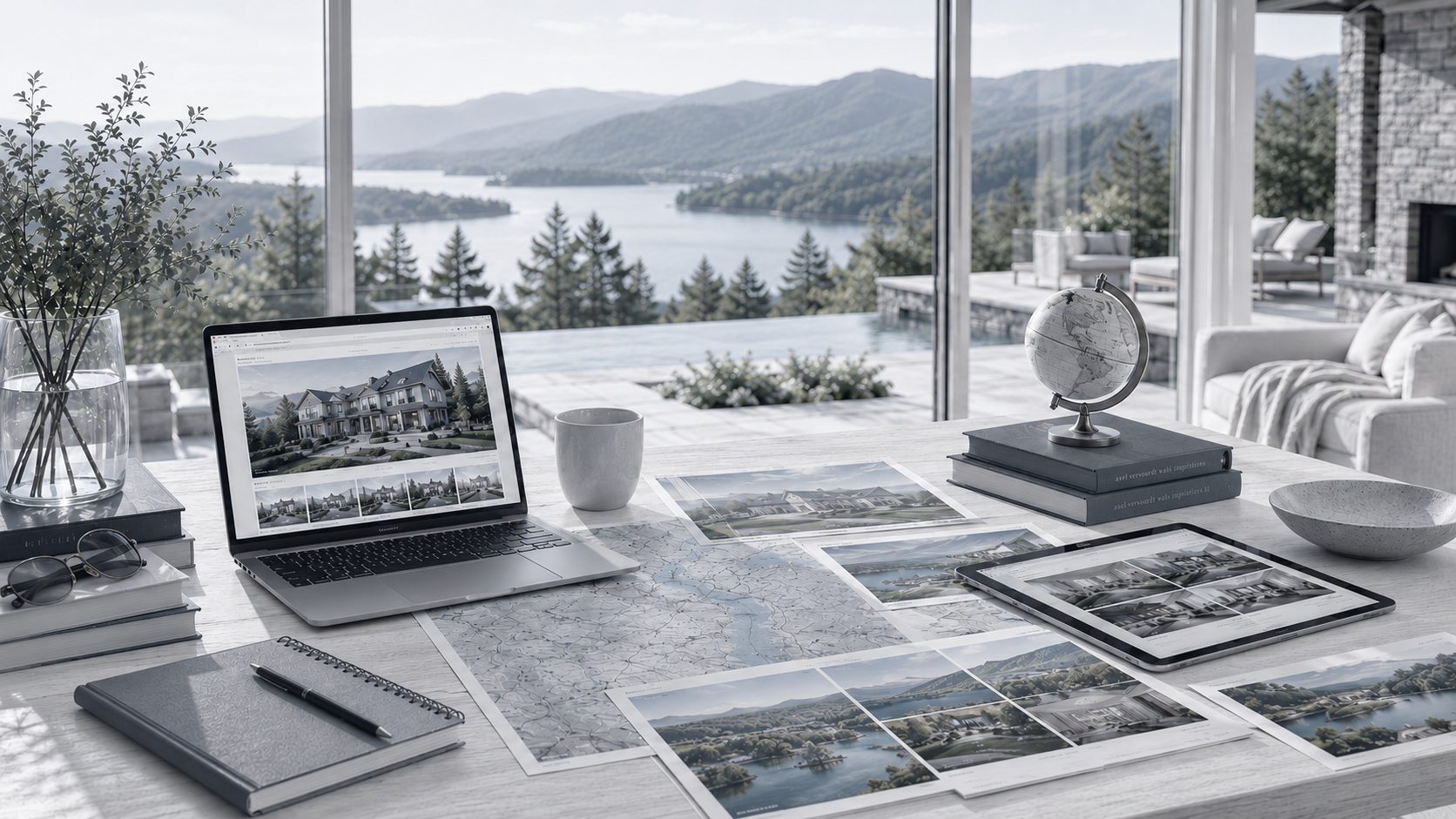 East Tennessee luxury real estate planning workspace with a regional map, property photography, and lake and mountain views.