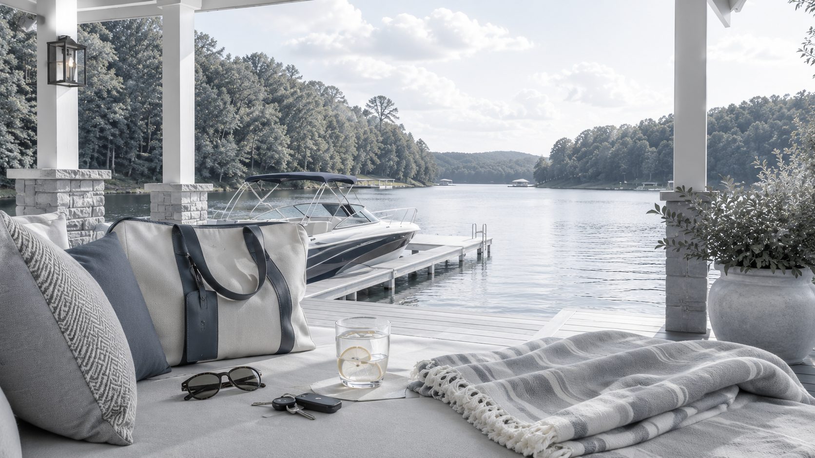 Refined Farragut luxury neighborhood with estate-style homes, lake views, and a blue-gray planning journal on a stone terrace.