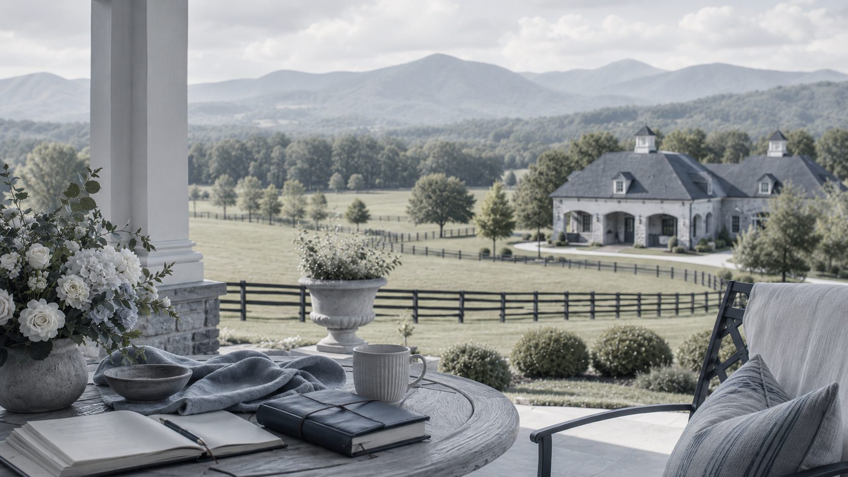 Private Blount County estate with fenced acreage, formal grounds, mountain views, and an elegant blue-gray porch setting.
