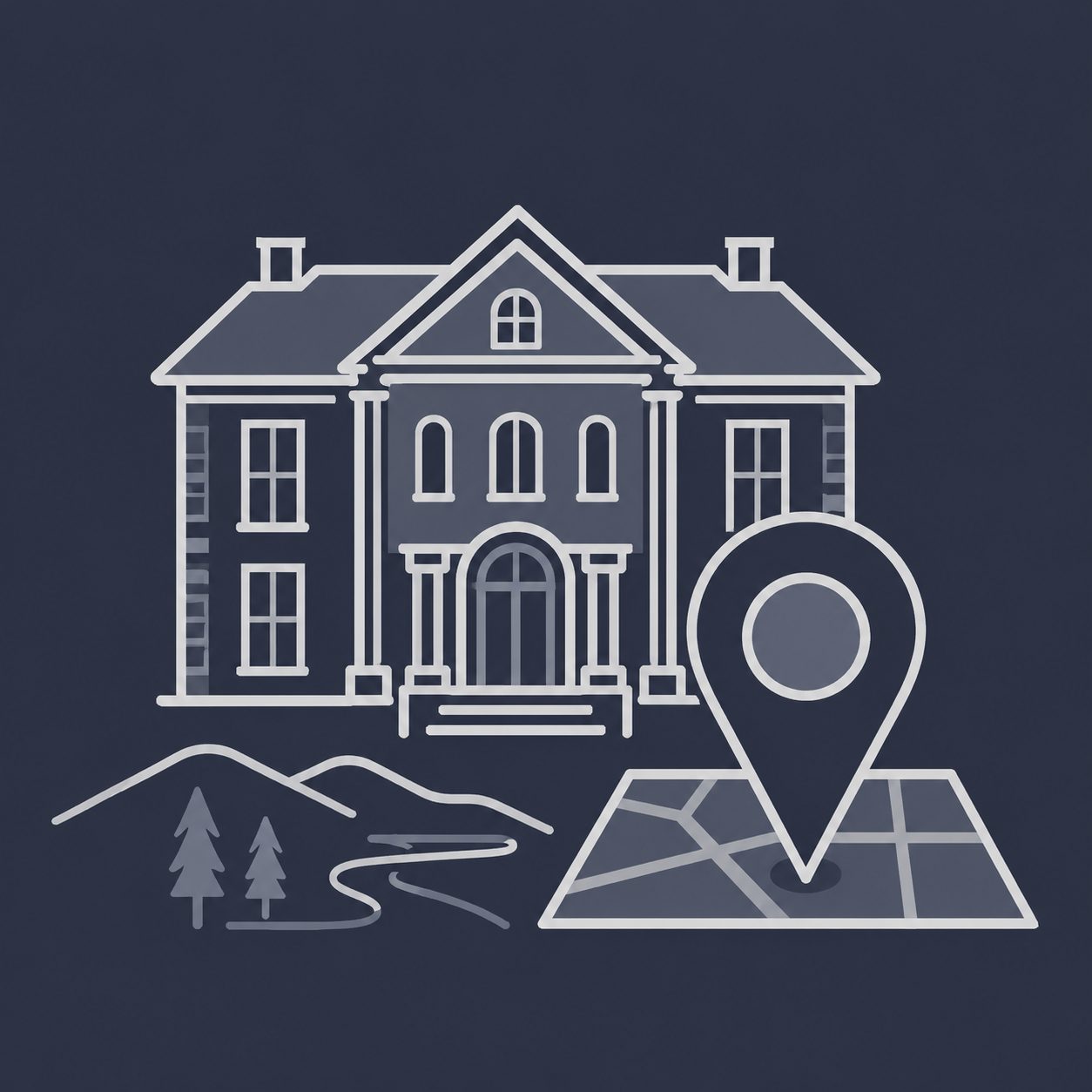 Luxury home, East Tennessee landscape and location pin representing trusted local real estate expertise