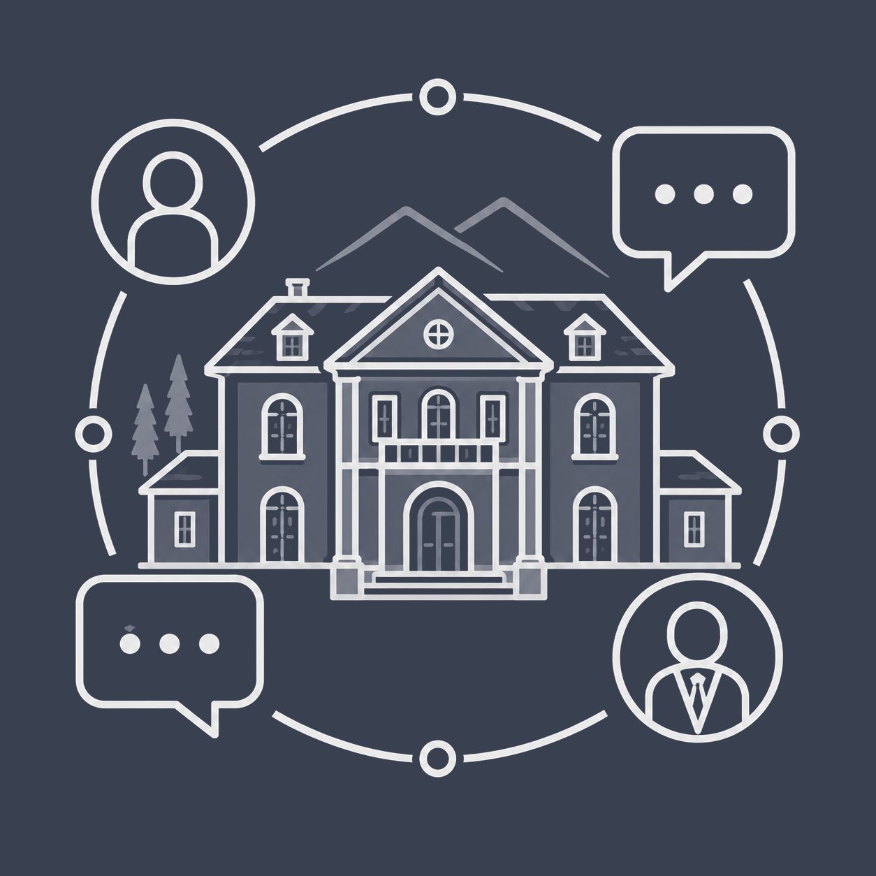 Luxury estate with agent profiles and speech bubbles representing professional real estate conversations