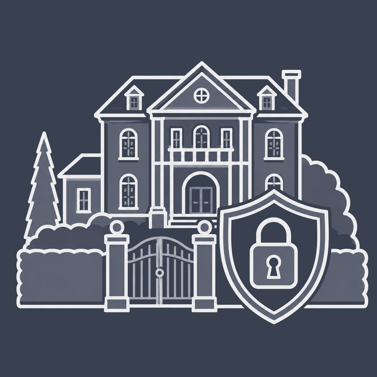 Gated luxury estate with shield and lock representing privacy and discreet property marketing