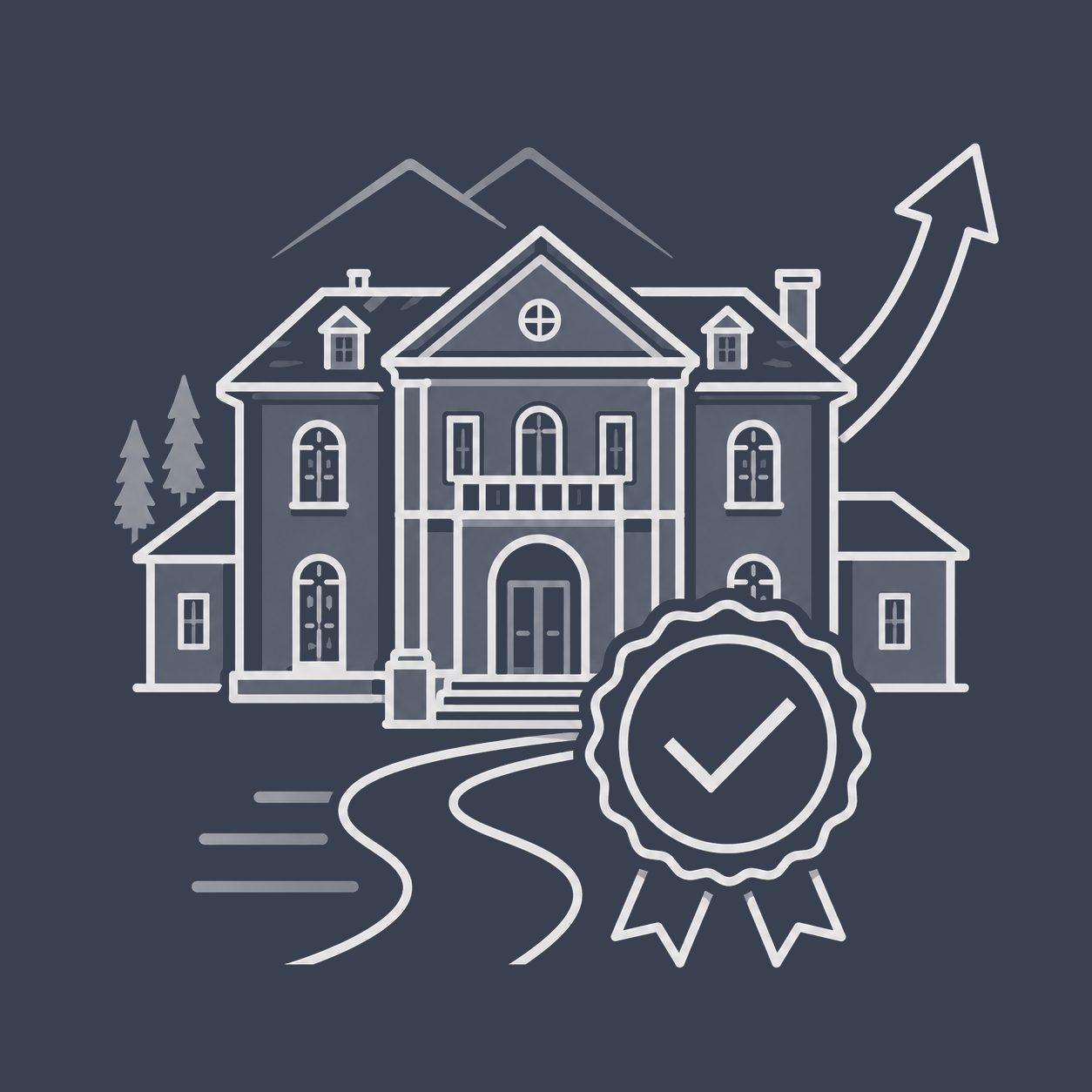 Luxury home with checkmark badge and upward arrow representing seller confidence and progress