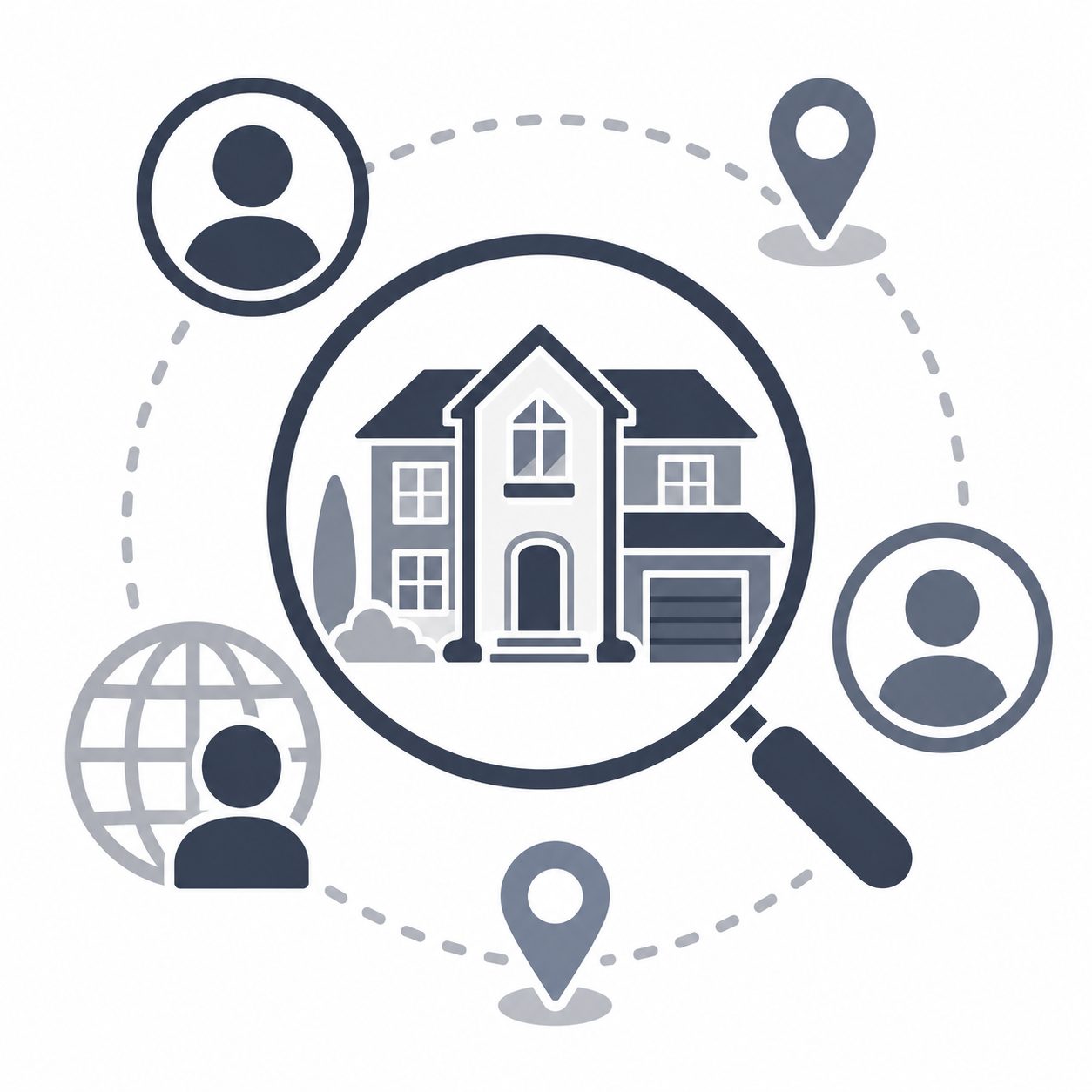 Luxury home with buyer profiles, location pins and magnifying glass representing stronger buyer awareness