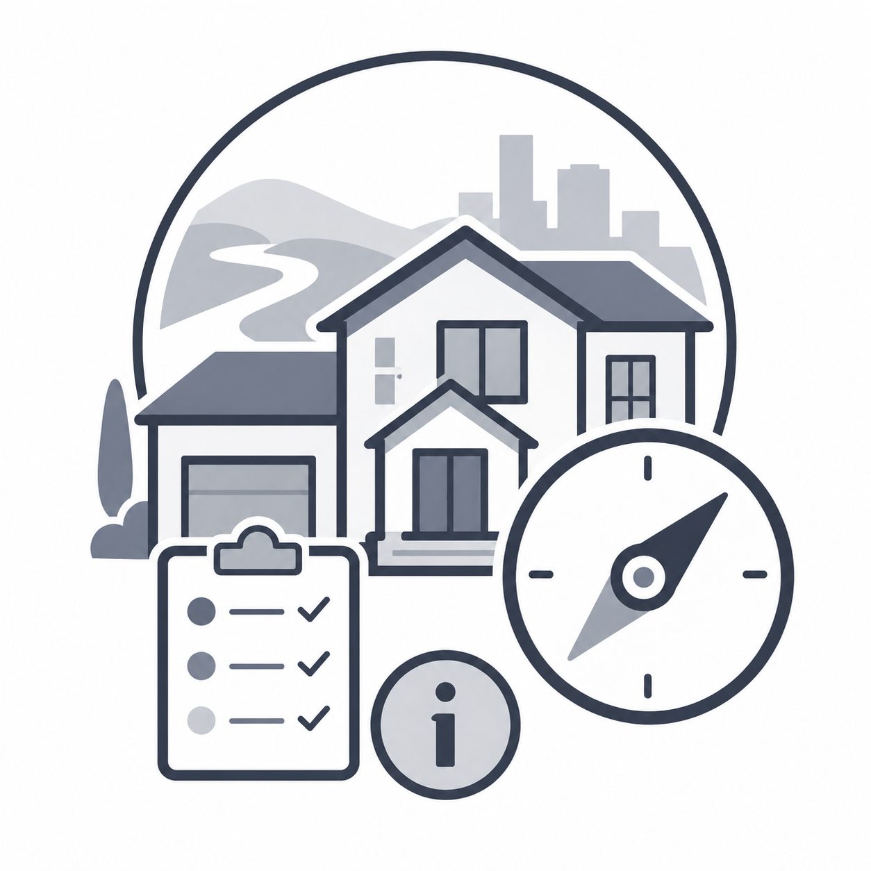 Luxury home with compass, checklist and information symbol representing informed buyer guidance