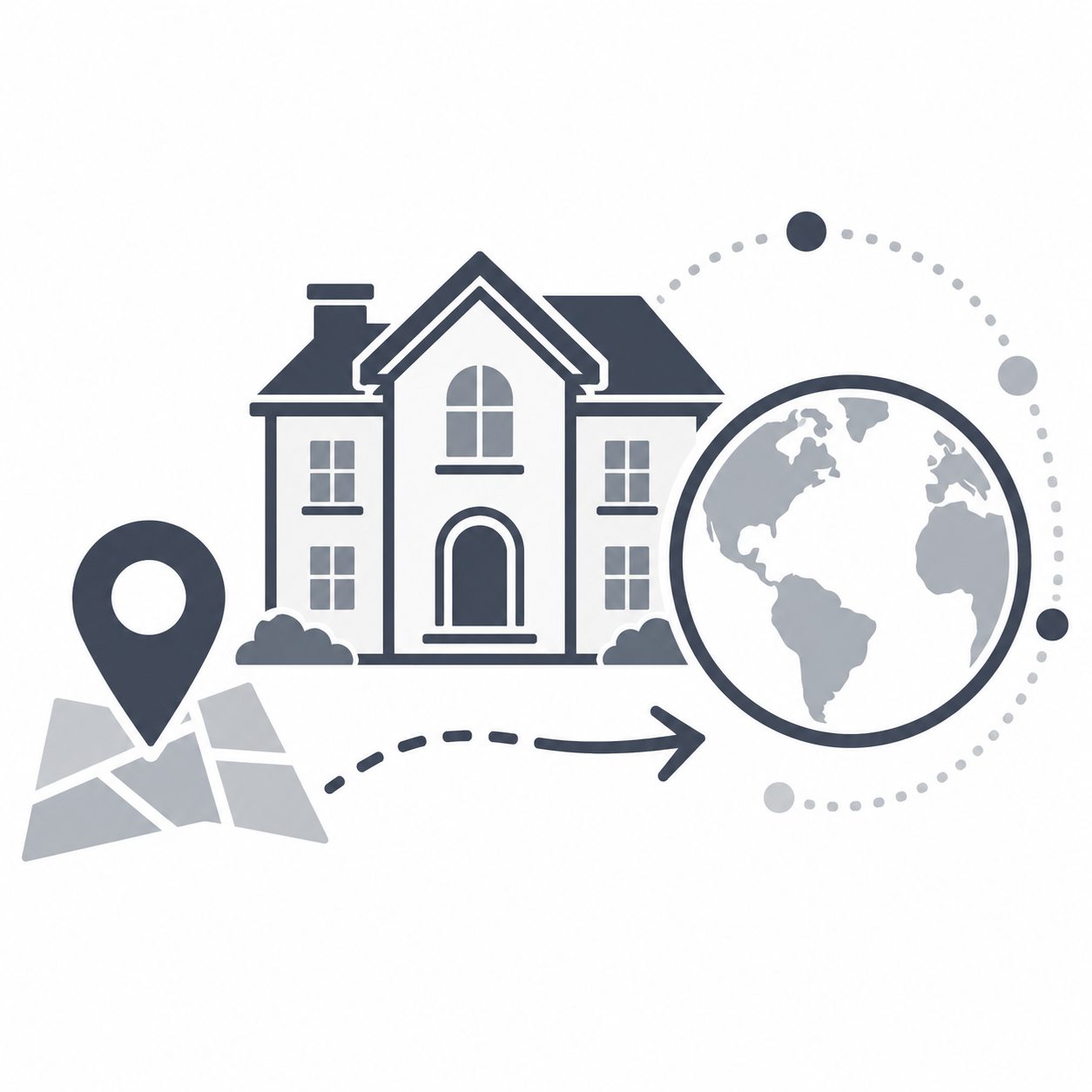 Luxury home connected from a local map pin to a globe representing broader real estate strategy