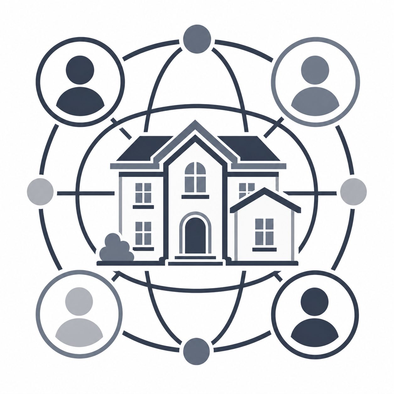 Luxury home surrounded by connected professional profiles and a globe network representing broader real estate relationships