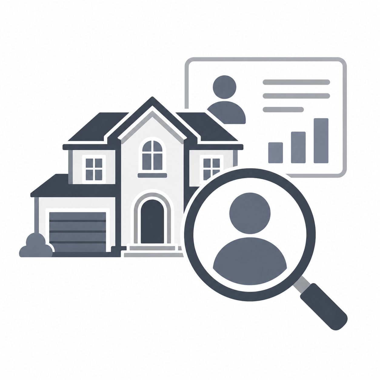 Luxury home with buyer profile magnifying glass and analytics panel representing consumer insight