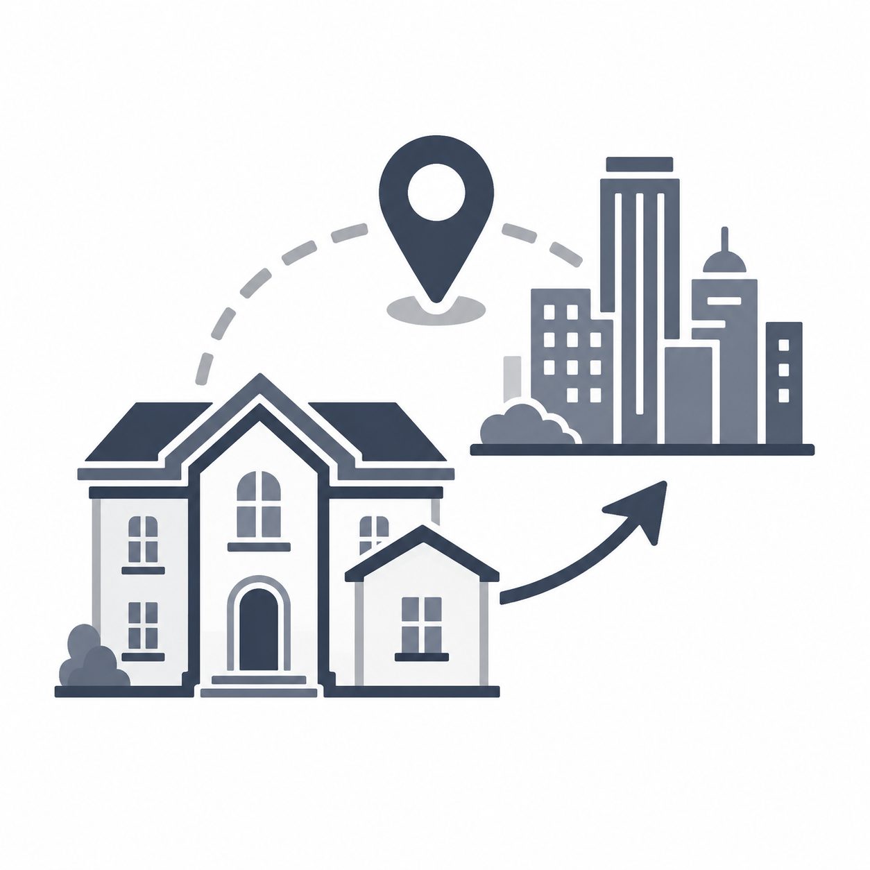Luxury home connected to a city skyline with location pin and arrow representing relocation awareness