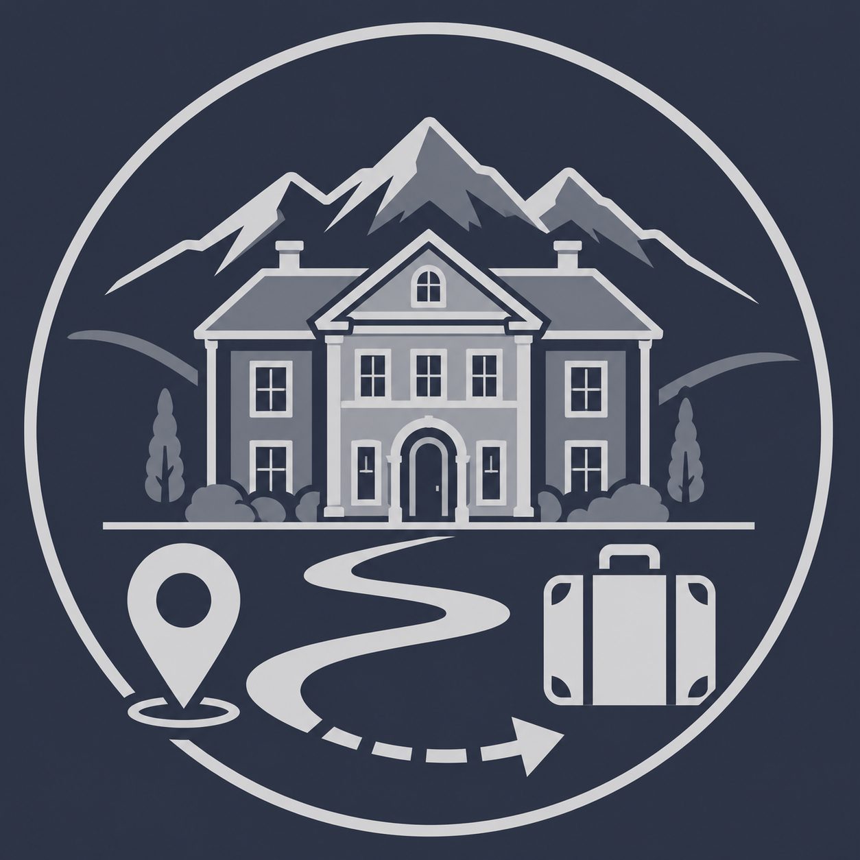 Luxury home with mountains, location pin, travel route and suitcase representing relocation to East Tennessee