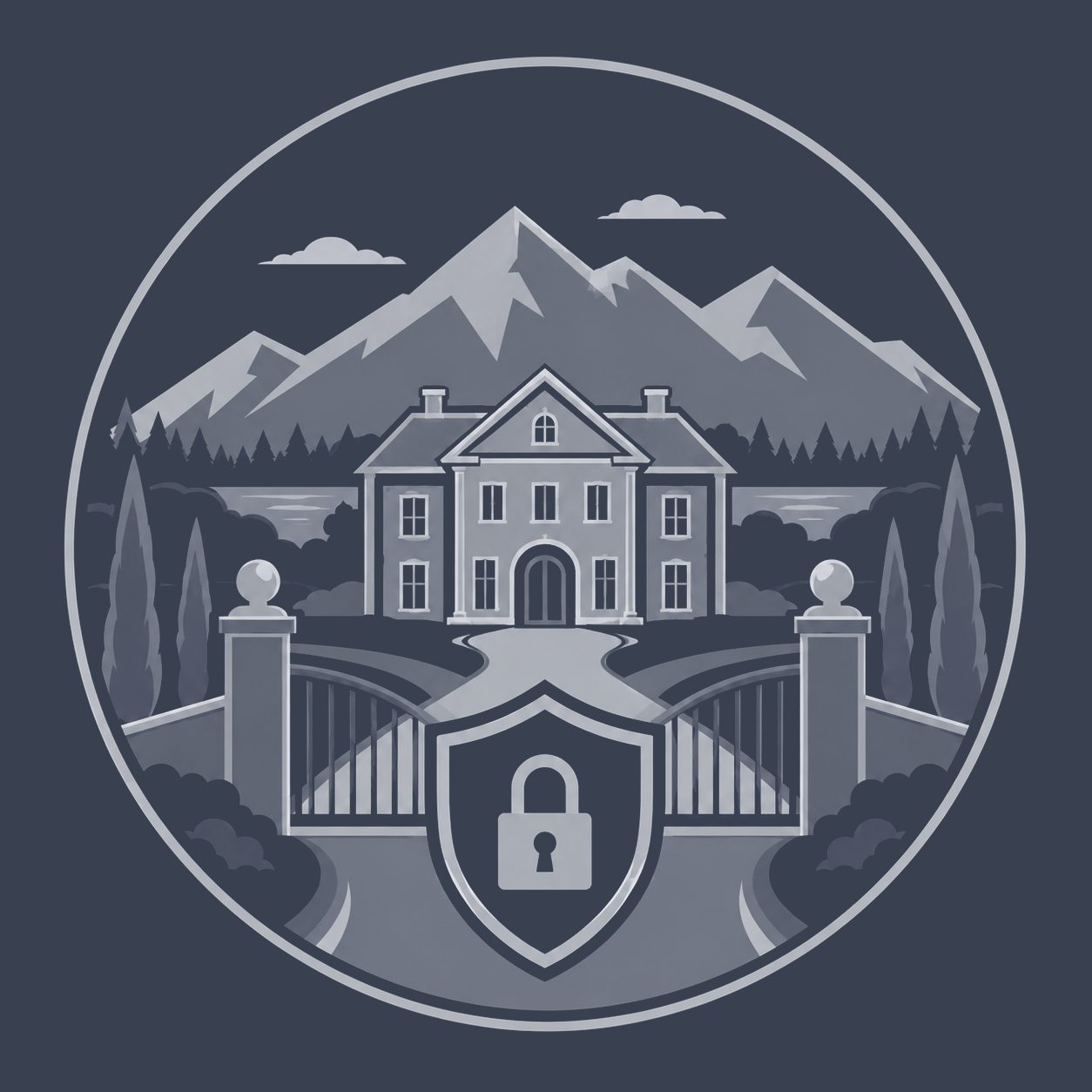 Gated luxury estate with mountains, trees and lock shield representing privacy and secluded property settings