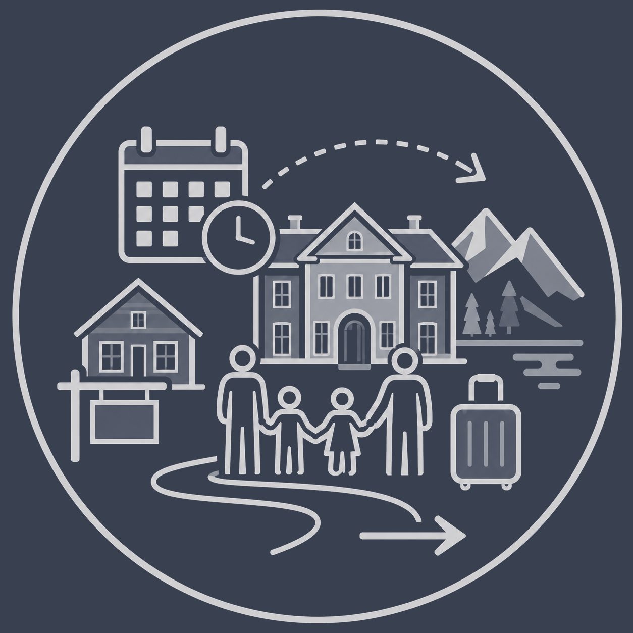 Luxury home with calendar, clock, family, suitcase and moving path representing relocation timing and transition
