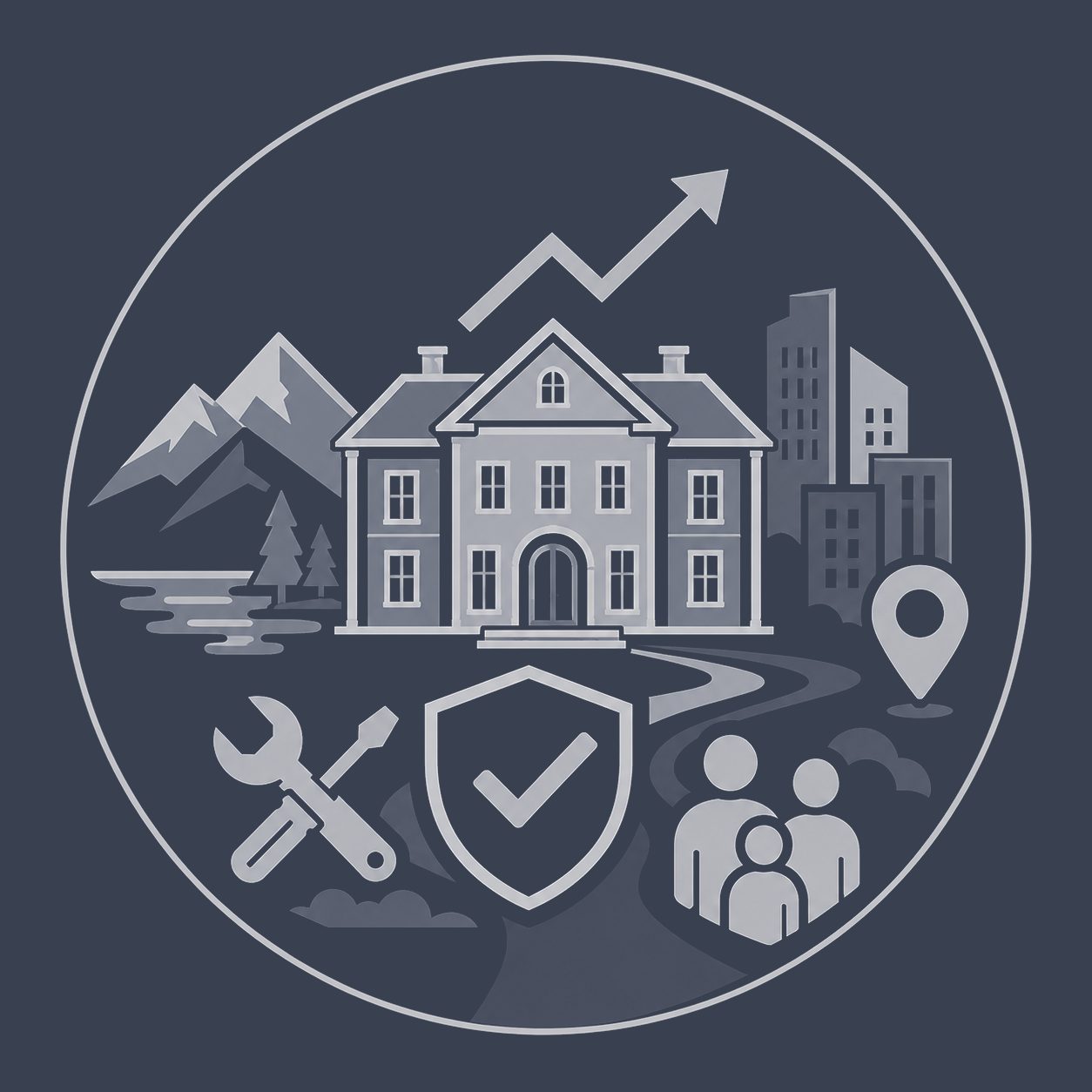 Luxury home with checkmark shield, maintenance tools, family, location pin and upward arrow representing long-term confidence