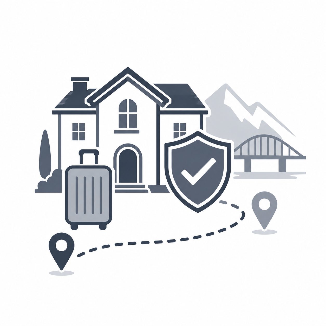 Luxury home with suitcase, route, location pins and checkmark shield representing relocation confidence