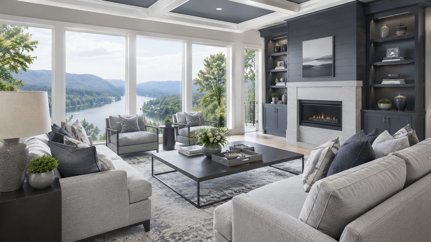 Bright luxury living room with Wallace blue-gray built-ins, neutral furnishings, fireplace, and East Tennessee lake views.