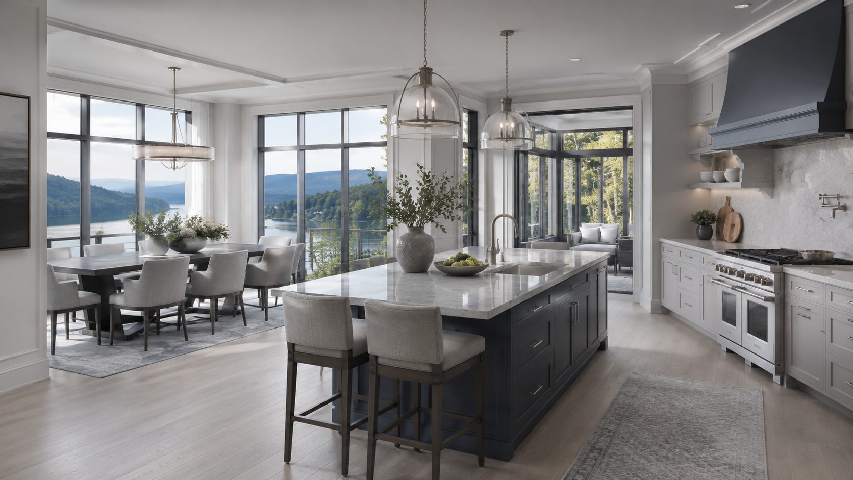 Bright luxury kitchen with Wallace Midnight island, refined neutral finishes, dining area, and scenic lake views.