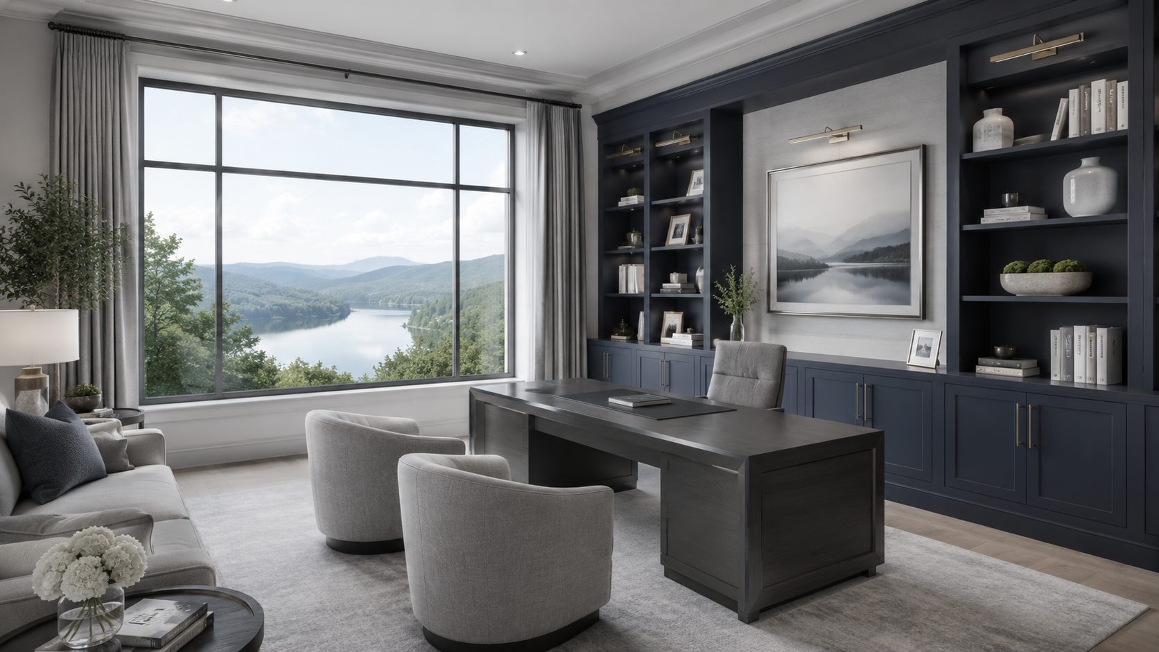 Elegant home office with Wallace Midnight cabinetry, neutral furnishings, and panoramic East Tennessee lake views.