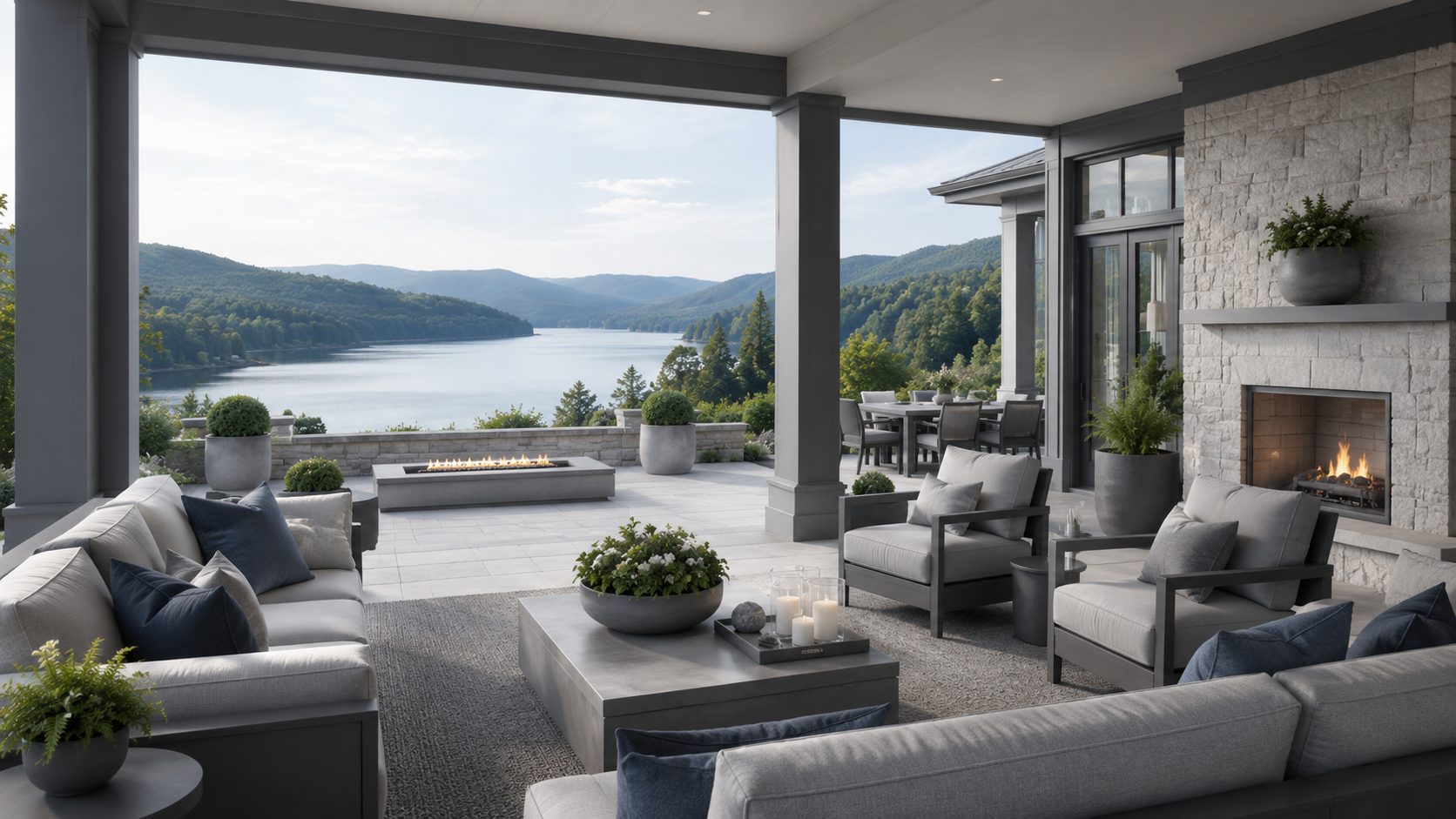 Covered luxury patio with blue-gray furnishings, stone fireplace, fire feature, and East Tennessee lake and mountain views.