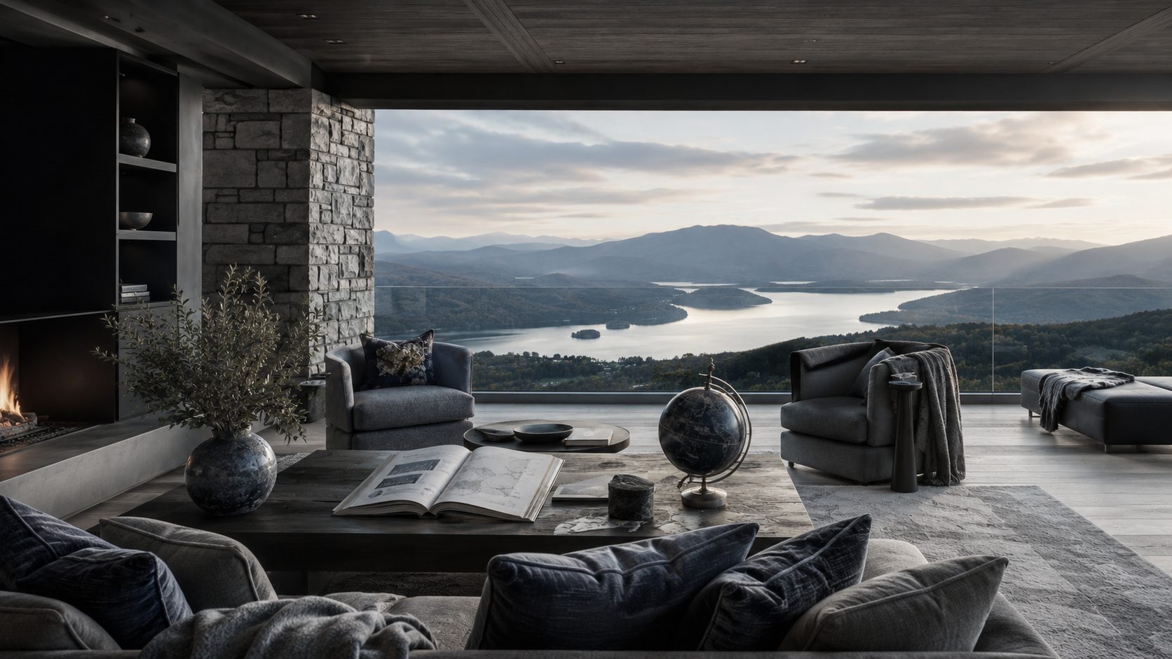 Luxury study with East Tennessee lake and mountain views, local market maps, and a globe