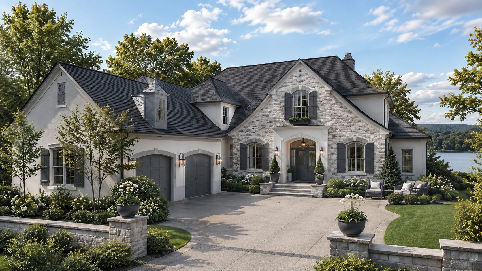 Refined stone luxury home with blue-gray shutters, landscaped grounds, and a bright East Tennessee setting.