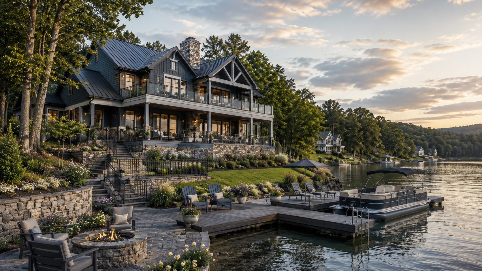 Blue-gray waterfront luxury home with stone terraces, fire pit, private dock, pontoon boat, and wooded lake views.