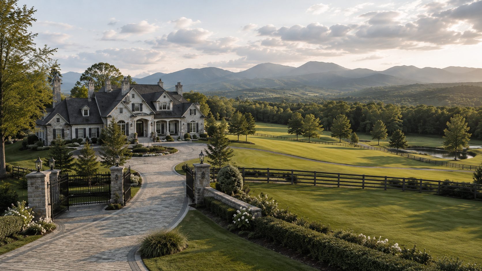 Grand gated estate with light stone architecture, landscaped acreage, mountain views, and a private circular drive.