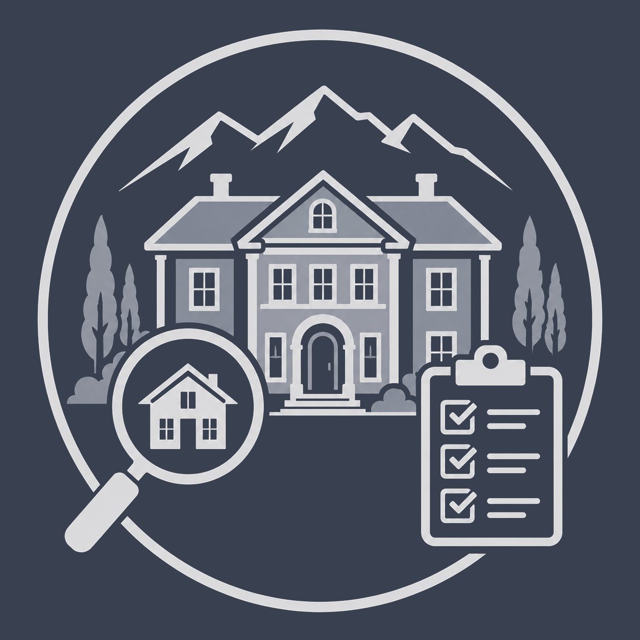 Luxury mansion with magnifying glass and completed presentation checklist representing polished property marketing