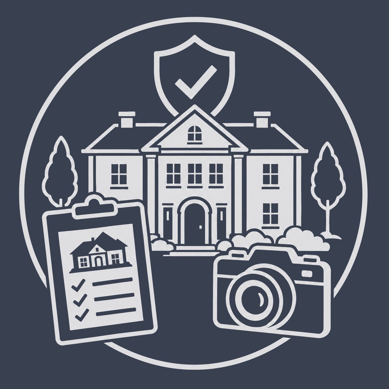 Luxury mansion with trust shield, property checklist and professional camera representing confident seller conversations
