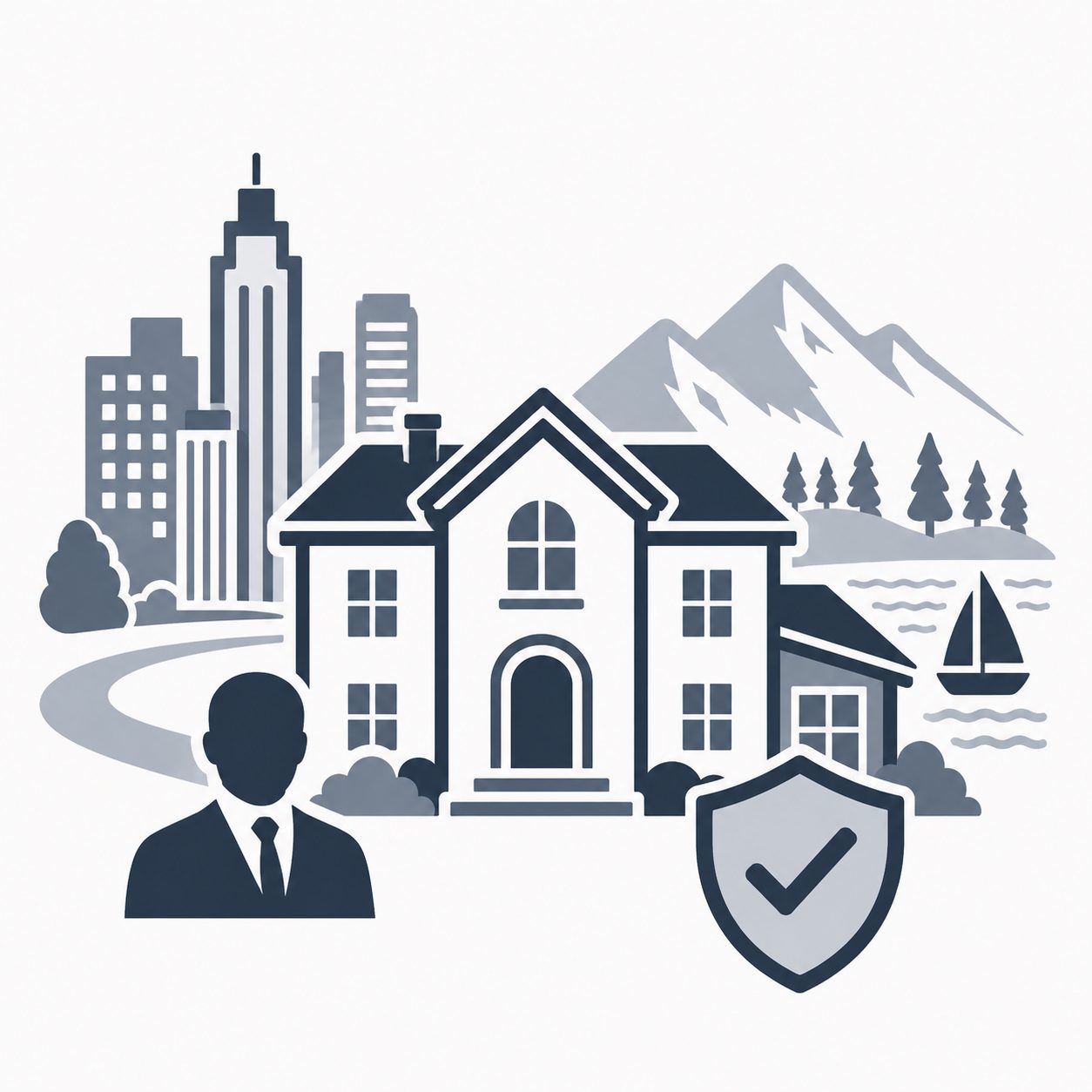 East Tennessee luxury home with city, mountain, lake, agent and trust shield representing strategic property positioning