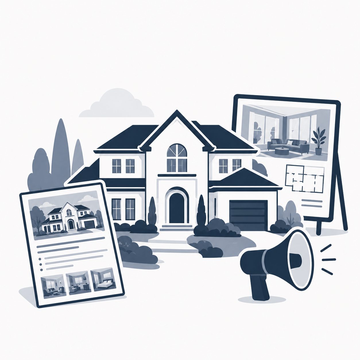 Luxury home with buyer profile, property checklist and trust shield representing confident buyer decisions
