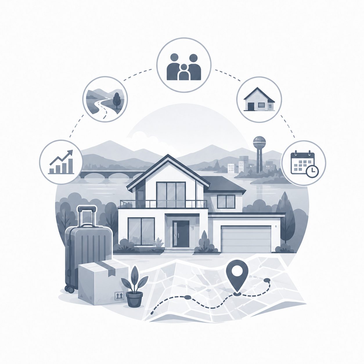Luxury home with map pin, lake, neighborhood and local amenity symbols representing East Tennessee market context