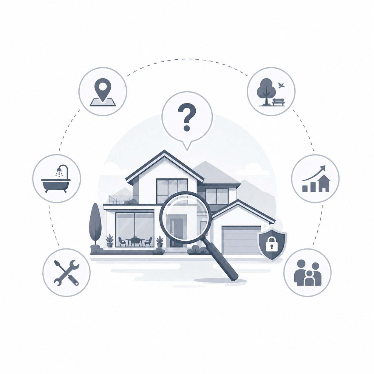Luxury home with luggage, map, location pin and community symbols representing relocation confidence