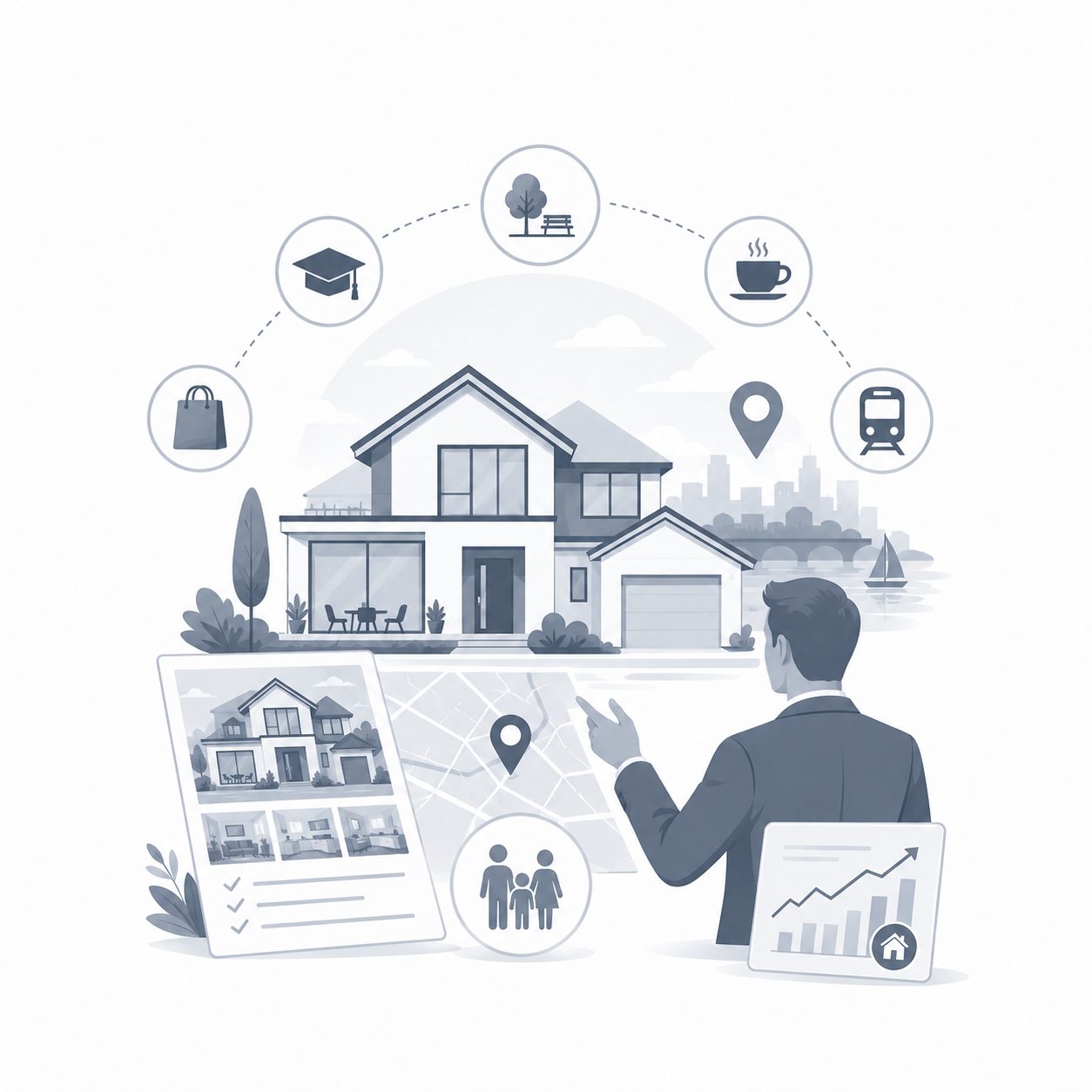Real estate advisor explaining luxury home location, lifestyle and long-term value beyond listing features