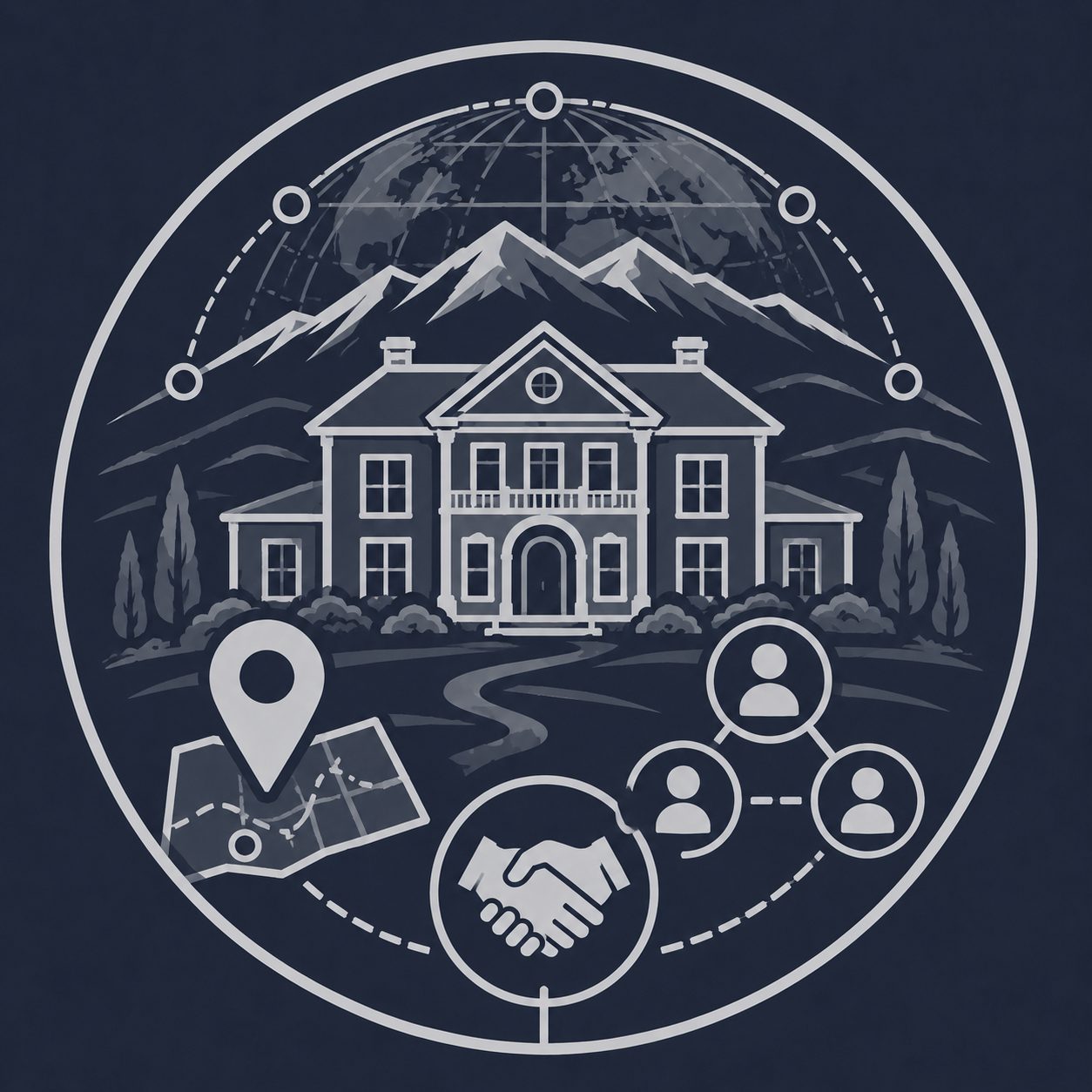 East Tennessee luxury mansion with global network, location map, professional connections and handshake representing buyer guidance