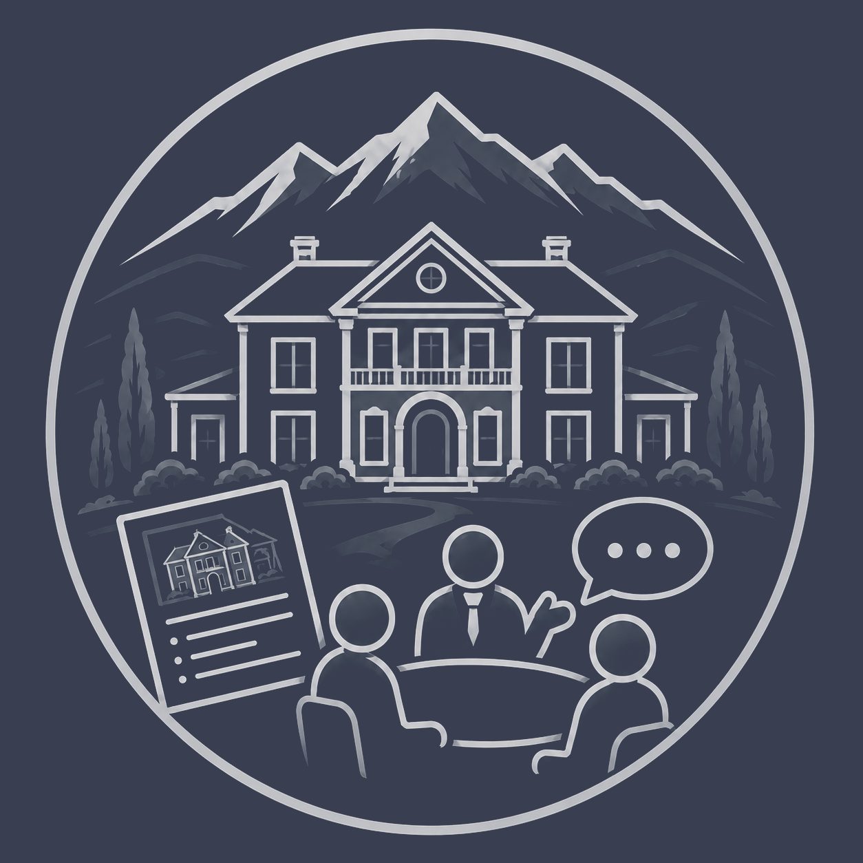Luxury mansion with property brochure, agent discussion and speech bubble representing stronger listing conversations