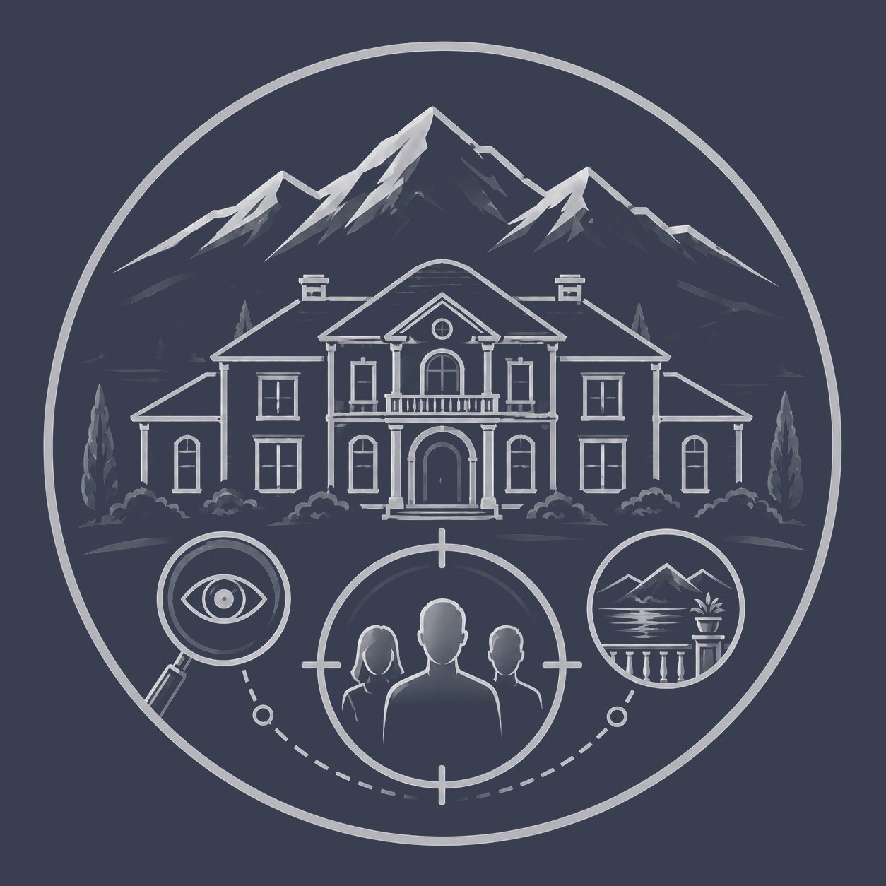 Luxury estate with buyer profiles, lifestyle view and magnifying glass representing buyer understanding