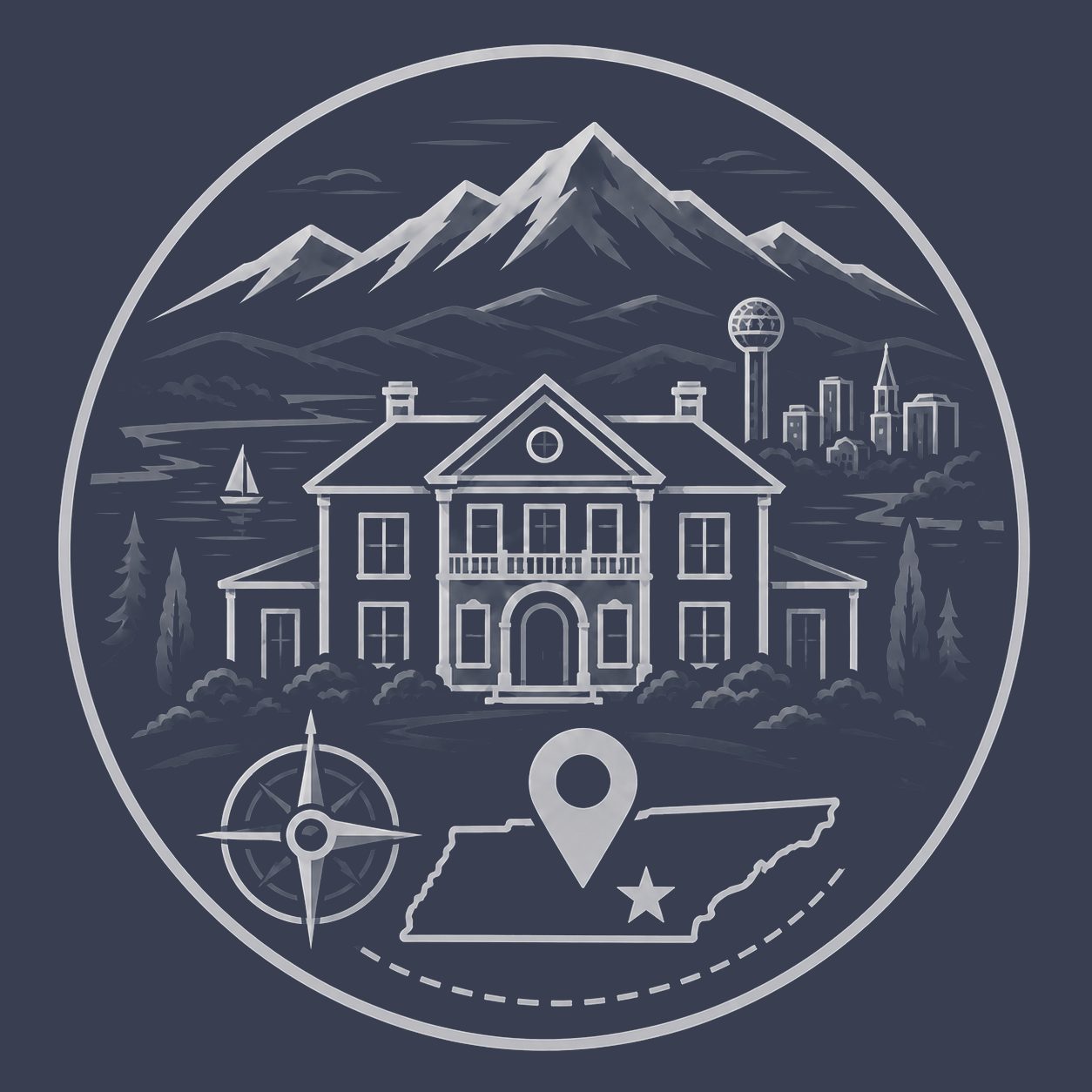 East Tennessee luxury estate with mountains, lake, Knoxville skyline, Tennessee map and compass