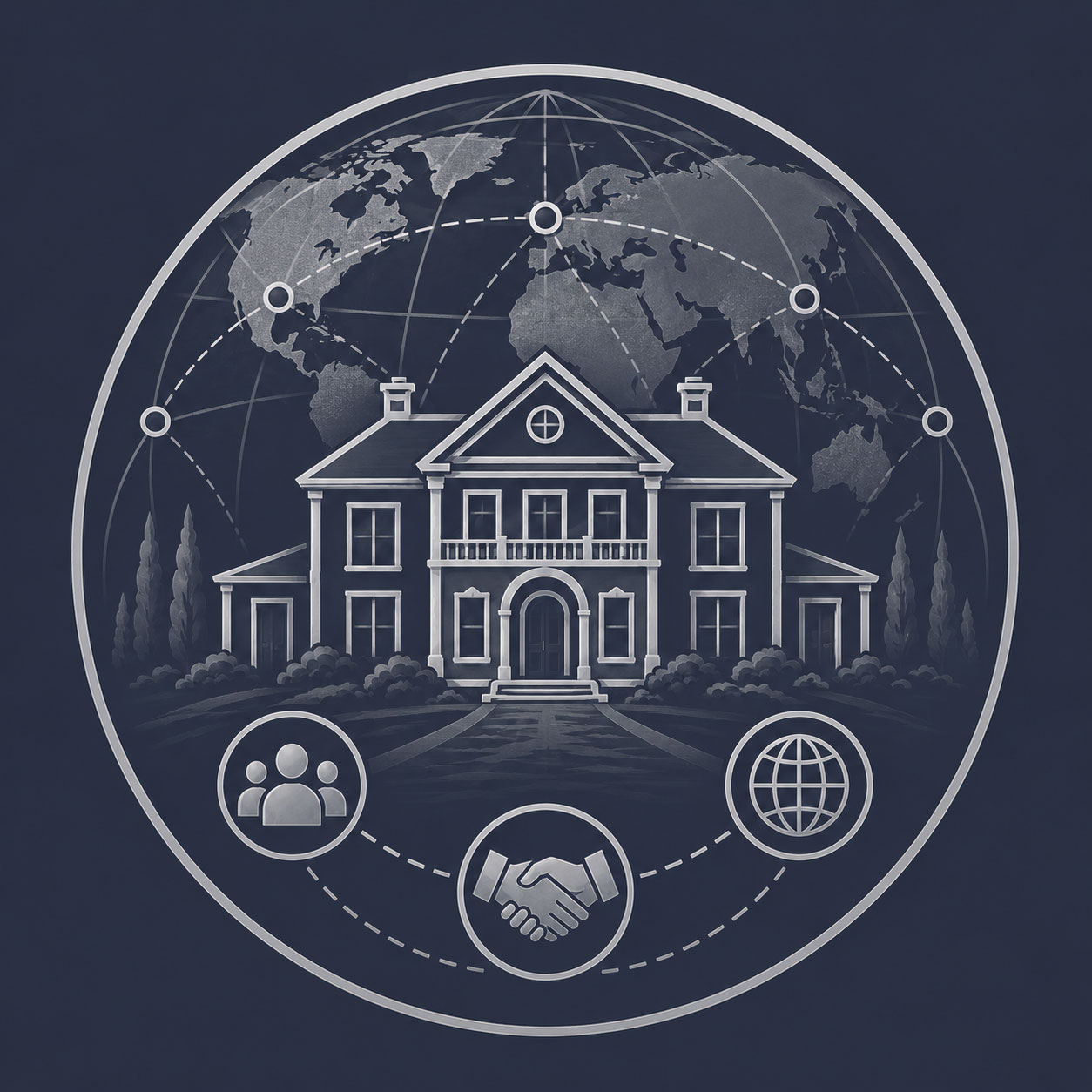 Luxury mansion with compass, location pin and growth chart representing strategic property positioning