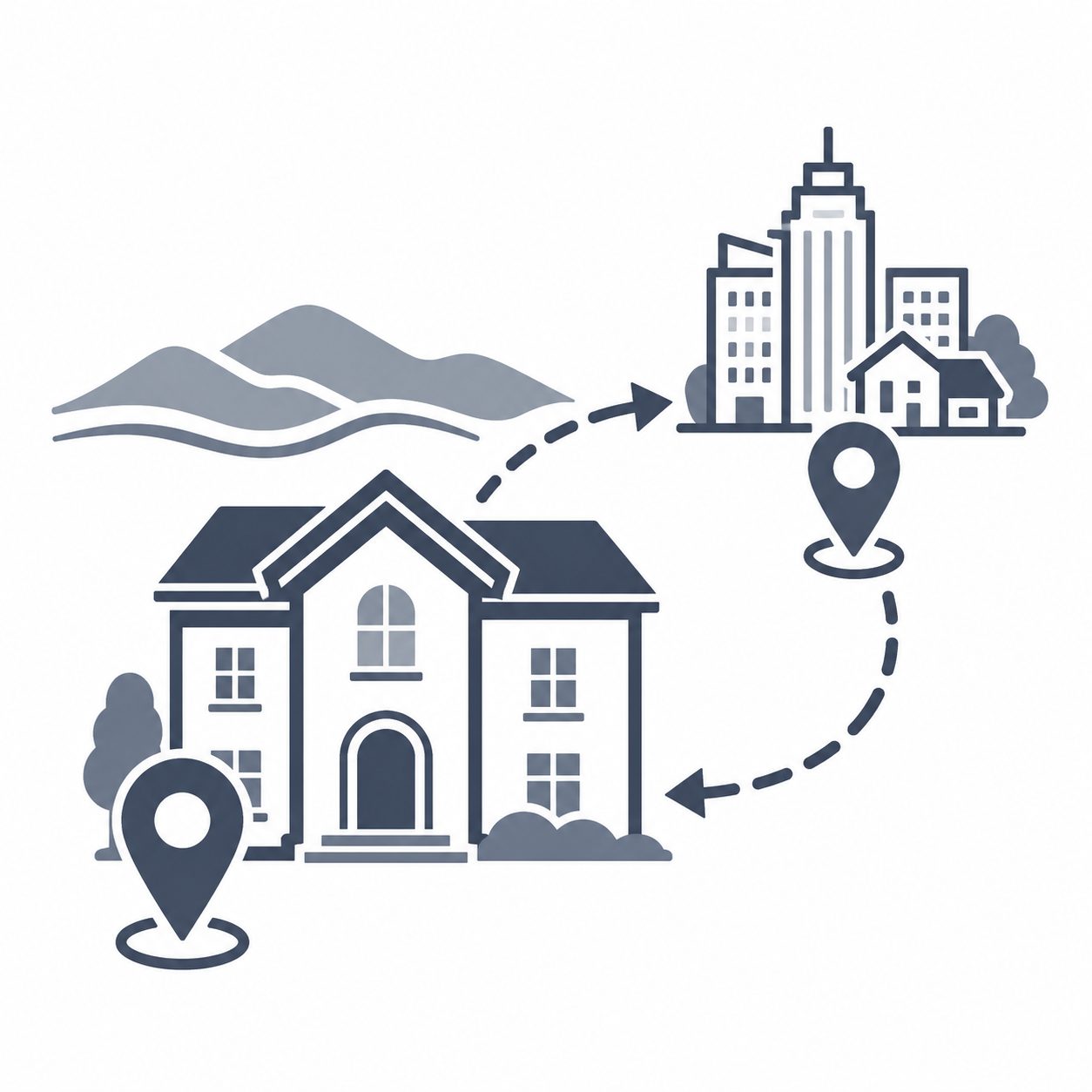 East Tennessee luxury home connected to another market with location pins and directional arrows