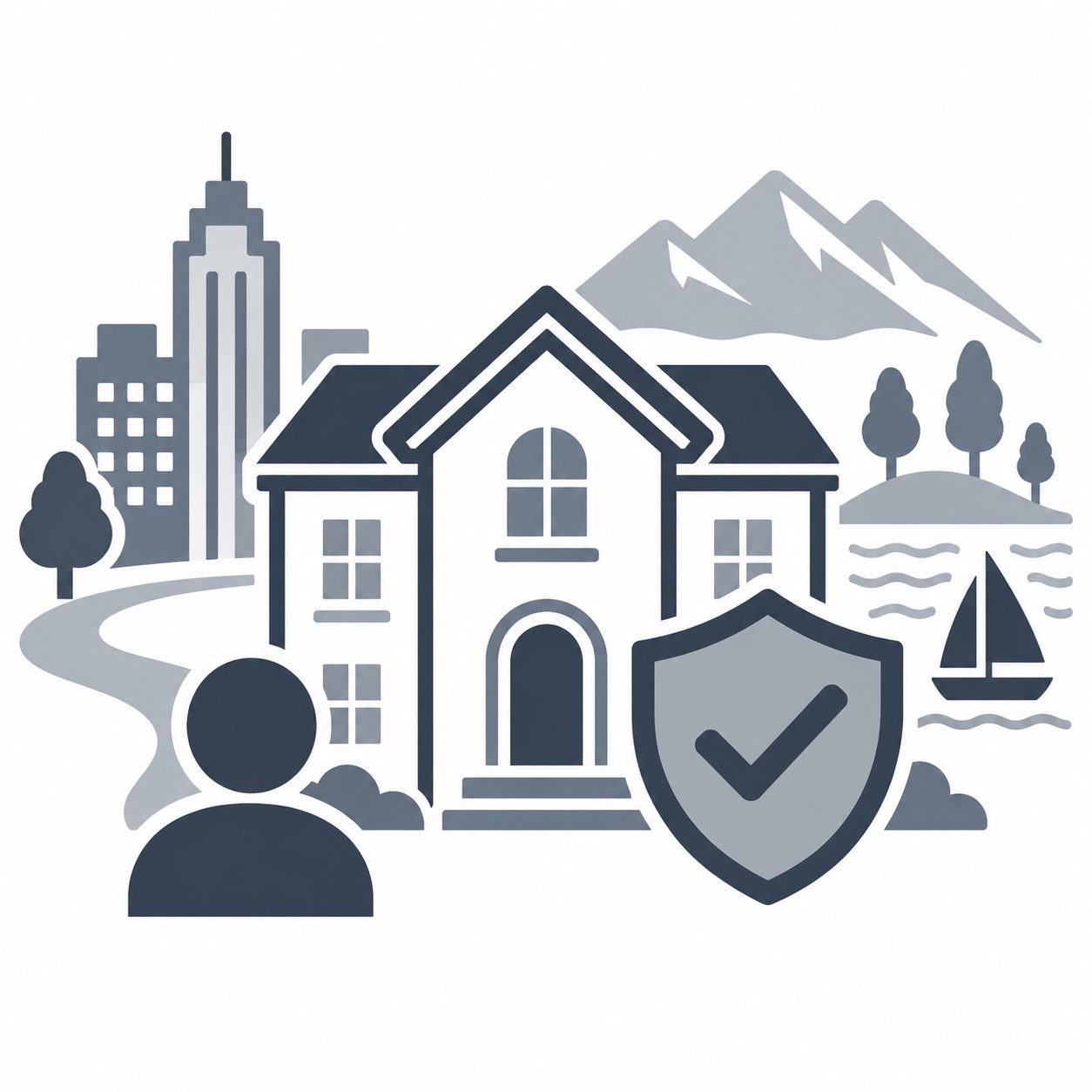 Luxury home with buyer profile, checkmark shield and regional settings representing relocation confidence
